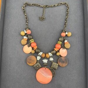 Boho Chunky Statement Necklace Orange Mother of Pearl Wood Bead Antique Gold Bib